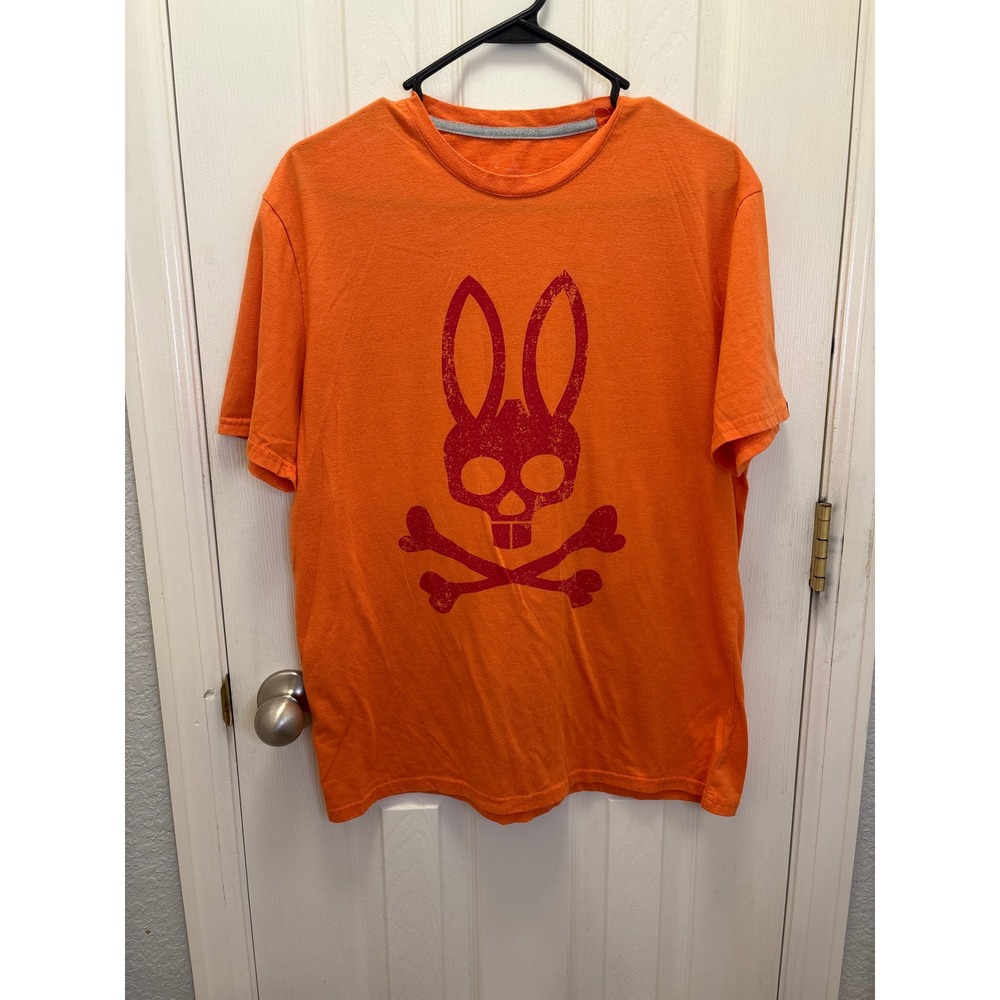 Psycho Bunny Mens Graphic T-Shirt Orange Red Skull Crossbones Size Medium‎